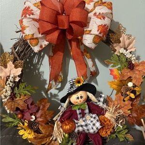 Autumn Harvest Wreath with Scarecrow and Bow